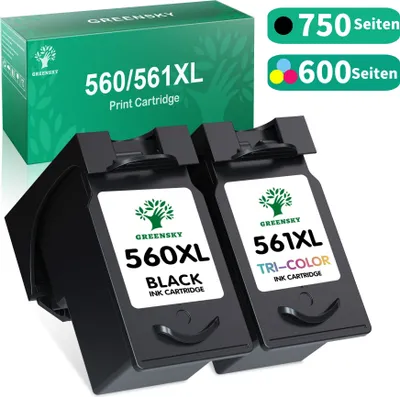 A product shot of two ink cartridges and their packaging, with marketing text and icons.