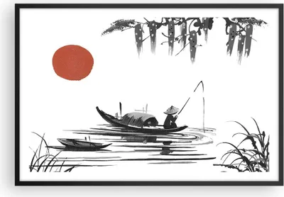 Produktbild von Gerahmtes Poster - Schwarzer Rahmen - China Angler Zeichnen - 91,5x61 cm - Wand Bild - Wanddeko - Wandbilder - Kunstposter - Wandposter - Bilderrahmen - Bilder - Kunstdruck - Wandbild P2BAA91x61-4340
