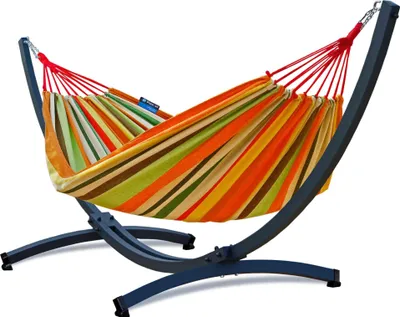 Produktbild von Potenza Outdoor Hängematte mit Tytan Gestell für 2 Personen I Baumwolle Doppelhängematte XXL 220x160, 200kg I Hängemattengestell 350 kg, wetterfest