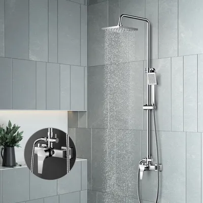 Obrázok produktu pre Kompletná súprava sprchového systému: dažďová sprcha s batériou, chrómová, s nastaviteľnou výškou 850-1210 mm