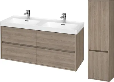 Produktbild von BADLAND Badmöbel Set CREA 120 Waschbecken-Unterschrank mit Hochschrank 140x40x25, 2-Türen, Eiche