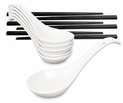 Ramenlöffelset aus Porzellan, 6 Löffel, 6 Dip-Schalen & 6 Stäbchenpaare, Weiß