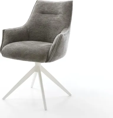 Produktbild von DELIFE Drehstuhl Alja-Flex mit Armlehnen Bouclé Soft Schlamm Kreuzgestell breit Weiß 360° drehbar Wippfunktion Taschenfederkern