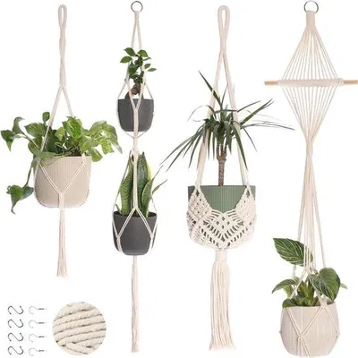 Produktbild von Famanu Macramé Pflanzenhänger 4-Pack - Hängende Pflanzgefäße für Innen und Außen