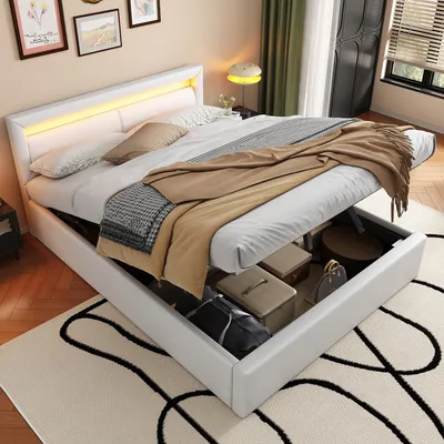 Image de MODFU Lit Double 140x200 - Lit Adulte Moderne avec LED et Coffre de Rangement - Sommier à Lattes Inclus - RevêtementPolyuréthaneÉlégant - Blanc