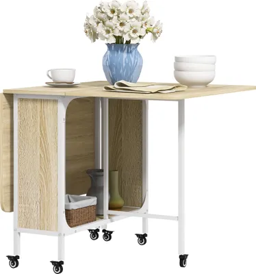 Produktbild von HOMCOM Klappbarer Esstisch, Klapptisch für 4-6 Personen, moderner platzsparender Küchentisch mit Ablage und 6 Rollen, aus Holz und Metall, 130x80x74 cm, Holzfarbe