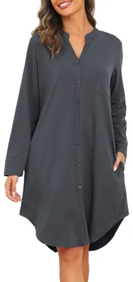 Image de Chemise de nuit à col en V pour femmes, manches longues et poches