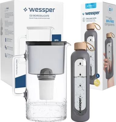 Immagine prodotto di Caraffa Wessper AquaClassic in vetro cristallino 3L + bottiglia ActiveMax in vetro cristallino con guaina in silicone 1L in nero