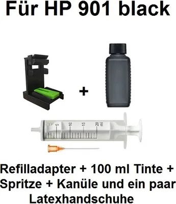 Produktbild von Befülladapter + 100 ml INK-MATE Refill-Tinte black für HP 901 black + 901 black XL  - Mit diesem Adapter befüllen Sie Ihre Patrone mit wenigen Handgriffen in nur wenigen Minuten selbst. Für OfficeJet 4500, OfficeJet 4500 Series, OfficeJet 4500 Wireless - OfficeJet J 4500 Serie, OfficeJet J 4524, OfficeJet J 4535, OfficeJet J 4540, OfficeJet J 4545, OfficeJet J 4550, OfficeJet J 4580, OfficeJet J 4585, OfficeJet J 4600 - Serie, OfficeJet J 4624, OfficeJet J 4660, J 4680 OfficeJet, OfficeJet J 4680 C  - BAHI9