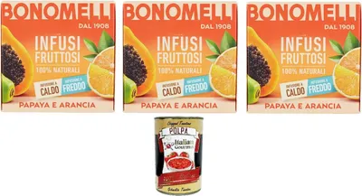 Produktbild von 3x Bonomelli 100% natürliche Fruchtaufgüsse Papaya und Orange, Packung mit 12 Filtern+ Italian Gourmet Polpa 400g