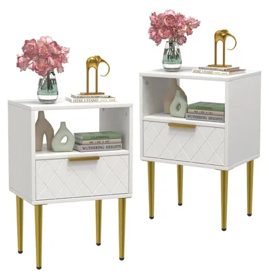 Immagine prodotto di Set di due comodini, con cassetto e ripiano aperto, dimensioni 40x30x57 cm, colore bianco, aspetto legno