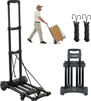 Obrázek produktu pro VEVOR skládací vozík na pytle, nosnost 131,5 kg, přepravní vozík se 4 koly, 2 pružnými lany a rozšiřitelnou základnou, přepravní vozík pro letiště, zavazadla, stěhování kanceláří, černý, 530x320x970 mm