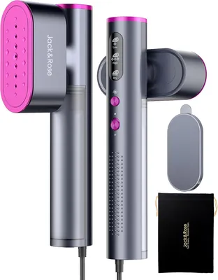 Two handheld garment steamers are shown side-by-side, with accessories.