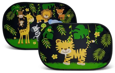 Image de Pare-soleil pour voiture avec 8 ventouses – Motifs d'animaux de la jungle – 48 x 31 cm – Pare-soleil pour vitres latérales – Avec pochette de rangement – Pour bébés, enfants, filles et garçons