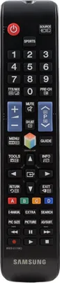 A black Samsung remote control is shown against a black background.
