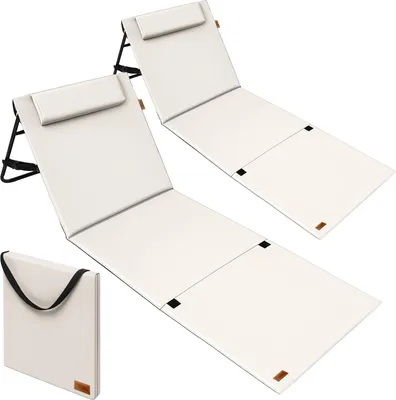Produktbild von DETEX® 2x Strandmatte mit Rückenlehne Gepolstert Creme Sonnenliege klappbar UV-beständig Tasche Reißverschluss Kissen Tragegurt Garten Camping Picknick Liegematte 158x56cm