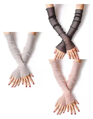 Immagine prodotto di 3 paia di scaldamani lunghi da donna, in pizzo ultrasottile, effetto rinfrescante, protezione solare, in tulle, senza dita, lunghezza 50 cm