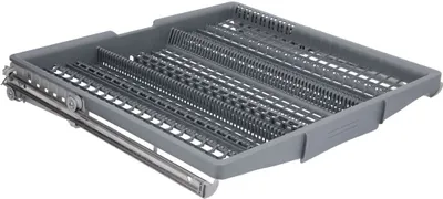 A dishwasher cutlery basket with a sliding rail mechanism.