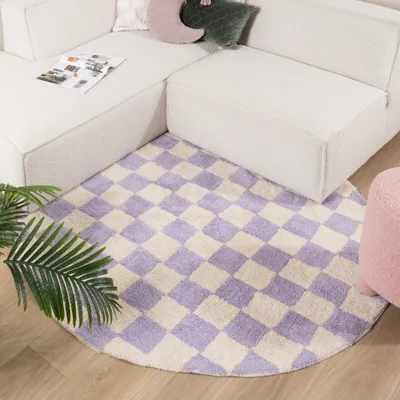Produktbild von Rund Retro Teppich - Gambit Lila Weiß - Ø 100cm - Modern, Retro - Wohnzimmer, Kinderzimmer, Schlafzimmer -  FRAAI | Home & Living
