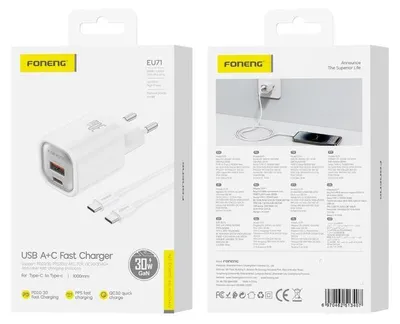 Zdjęcie produktu dla Foneng Ładowarka Sieciowa Eu71 Pd 30W 1Xusb-C + 1Xusb Qc3.0 + Kabel Usb-C - Usb-C Biały