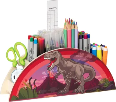 Produktbild von WAGOMA Stiftehalter Kinder [5 Fächer] Robuster Schreibtisch Organizer aus Holz Dinosaurier
