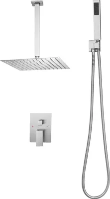 Immagine prodotto di SucceBuy miscelatore doccia a pioggia per bagno con soffione a pioggia quadrato da 305 mm e doccetta, rubinetteria a soffitto con valvola in ottone e set decorativo, nichel spazzolato