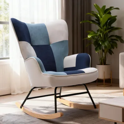 Produktbild von HomeMiYN Schaukelstuhl, Metallrahmen, Holzsockel, Patchwork-Samtstoff, blau