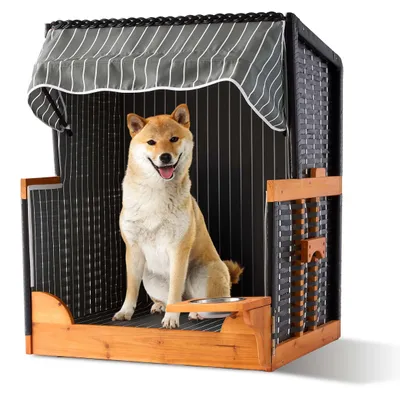 Image de Fauteuil de plage pour chien Relaxdays, en rotin, avec gamelle, fauteuil pour chien avec auvent, dimensions : 95 x 75 x 65 cm, pour le jardin et la terrasse, en bois, gris