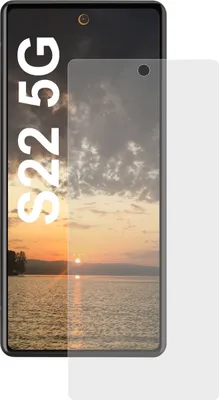 A screen protector is placed over a smartphone displaying a sunset over a body of water.