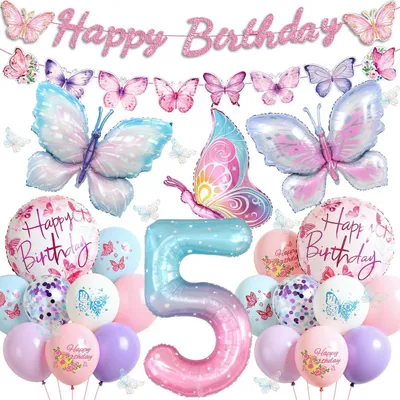 Immagine prodotto di Set di decorazioni per il quinto compleanno di una bambina - 46 pezzi, include palloncini, ghirlanda, palloncini in foil, farfalle, colore rosa