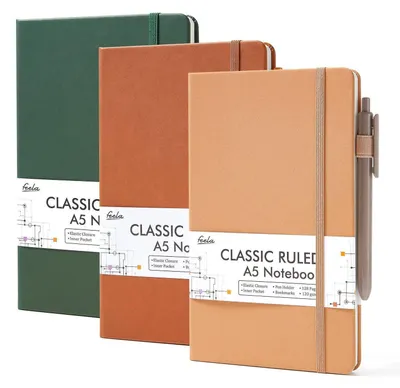 Zdjęcie produktu dla Zestaw notatników w twardej oprawie, format A5, w linie, 3 sztuki, w stylu vintage, z 3 długopisami, wymiary 13 x 21,1 cm, gramatura 120 g/m²