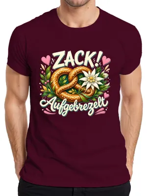 Produktbild von Zack Aufgebrezelt Brezel Edelweiss  Lederhose Dirndl Herren T-Shirt, Burgundy, M