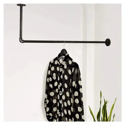 Produktbild von Kleiderstange Deckenmontage Wandmontage schwarz - Garderobenstange div. Größen z.B. 120 x 20 cm - Garderobe Industrial Design handgefertigt - Wasserohr Kleiderstange Wand in L-Form mit 90 Grad Winkel