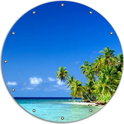 Produktbild von Wallario rundes Outdoor-Poster für Garten oder Balkon, Motiv Blauer Himmel  weißer Strand  Palmen und das tiefblaue Meer, 90 cm Durchmesser