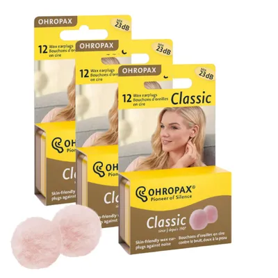 Produktbild von OHROPAX - Classic Ohrstöpsel 3x 12 Stück - Vor-Ohr-Stöpsel zum Schutz vor Lärm - Wachsohrstöpsel zum Entspannen Schlafen und als Schutz vor Nässe Wind