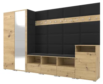 Produktbild von Garderobe NELA XII 300 cm Modulare Flurmöbel Artisan Eiche mit Spiegel & Sitzpolster Schwarz 16 (Gigantisches Set)