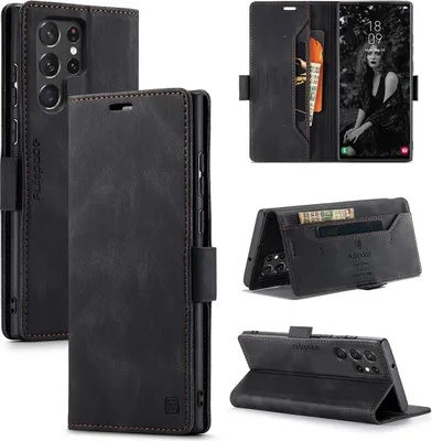 Produktbild von Galaxy S22 Ultra 5G Brieftasche Hülle, Retro Kunstledertasche Stand Schutzhülle für Samsung Galaxy S22 Ultra 5G Schwarz