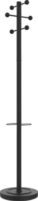 A black coat rack with a circular base and multiple hooks.
