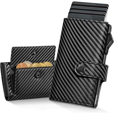 Zdjęcie produktu dla Etui na karty z ochroną RFID i dużą przegródką na monety, kolor: czarny (wzór karbonowy)