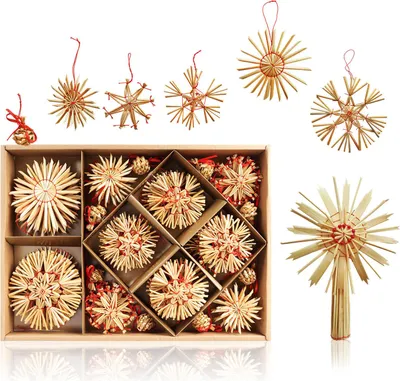 Produktbild von com-four® 69-teiliges Set Strohsterne - Christbaum-Schmuck aus Stroh - Stroh-Anhänger für den Weihnachtsbaum mit Christbaumspitze - Weihnachtsdekoration