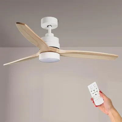 Produktbild von M mimotec Deckenventilator mit LED-Beleuchtung, 53 W, weiß, mit Fernbedienung, DC-Motor 35 W + LED-Licht 18 W, 6 Geschwindigkeitsstufen, leise, 3 Flügel aus natürlichem Holz