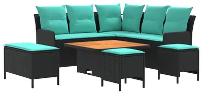 Image de Ensemble de meubles vidaXL, 7 pièces, noir et turquoise, en résine tressée (PE)