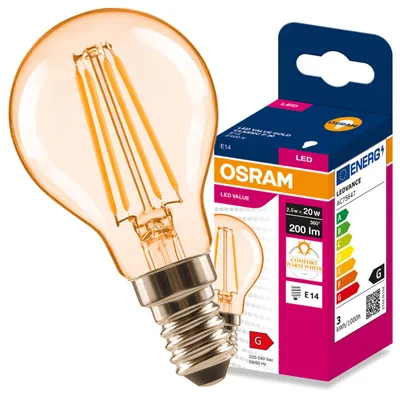 Obrázok produktu pre LED žiarovka E14, tvar guľky P45, 2,5W = 20W, 200 lm, 2400K (teplá biela), 300° uhol vyžarovania, filament, značka Osram, Obrázok generovaný UI