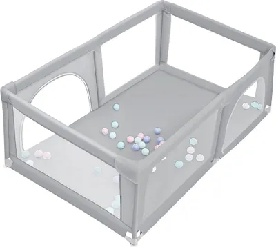 Produktbild von Laufstall Baby Laufgitter 180x120cm Rutschfester Absperrgitter mit Atmungsaktive Netz Schutzgitter Kind Playpen Set mit Bällen hellgrau
