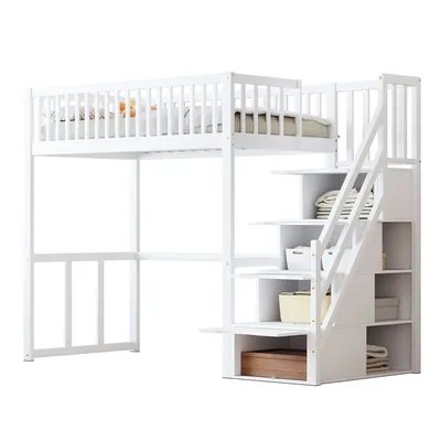 Produktbild von Hochbett,Kinderbett(Weiss)Holzbett,mit Sicherheits-Aufbewahrungsleiter,Bettgestell aus massivem Kiefernholz für Kinder und Jugendliche