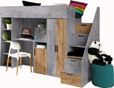 Produktbild von Etagenbett für Kinder Konkret 14 Stockbett mit Treppe, Kleiderschrank und Schreibtisch (Beton + Wotan Eiche)
