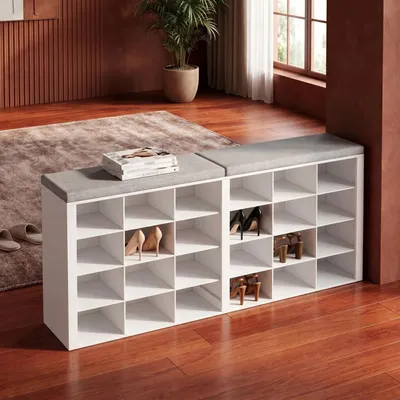 Produktbild von Schuhbank mit Sitzfläche, 24 Fächern, Weiß-Hellgrau | Schuhbank, Schuhschrank mit Sitzbank, Verstellbare Ablagen, 30 x 150 x 60 cm, für Wohnzimmer