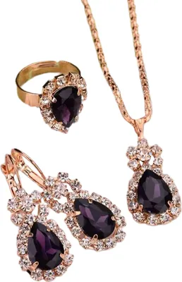 Produktbild von 3 Teile/satz Ohr Clip Helle Farbe Legierung Halskette Ohrringe Ring Set Wasser Tropfen Strass Anhänger Halskette Ohrringe Ring Schmuck Zubehör-Lila