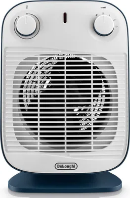 A white and blue De'Longhi portable electric heater with a fan is shown from the front on a white background.