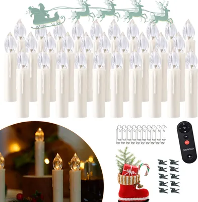 A collage of Christmas-themed decorations, including LED candles, a remote control, hanging clips, and a decorative Christmas stocking.